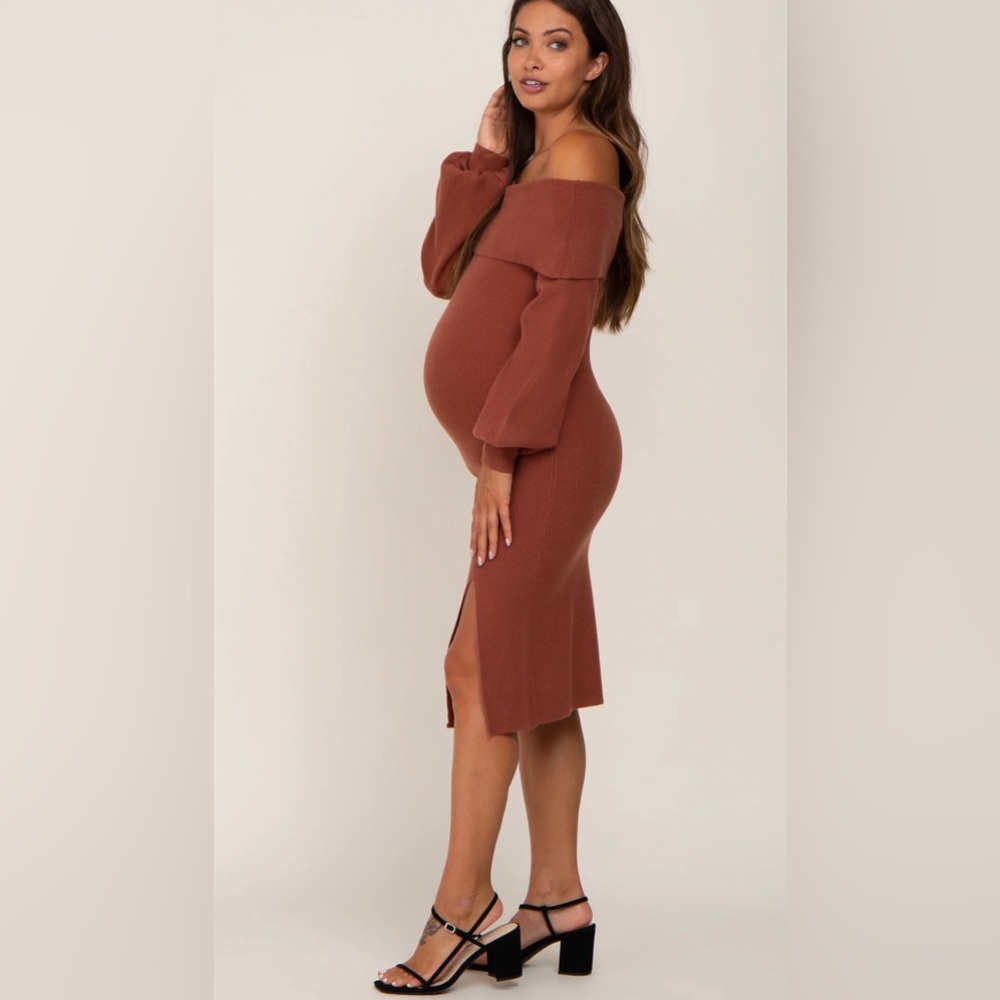 Pinkblush Off-Shoulder Long Sleeve Maternity Sweater Dress in Rust